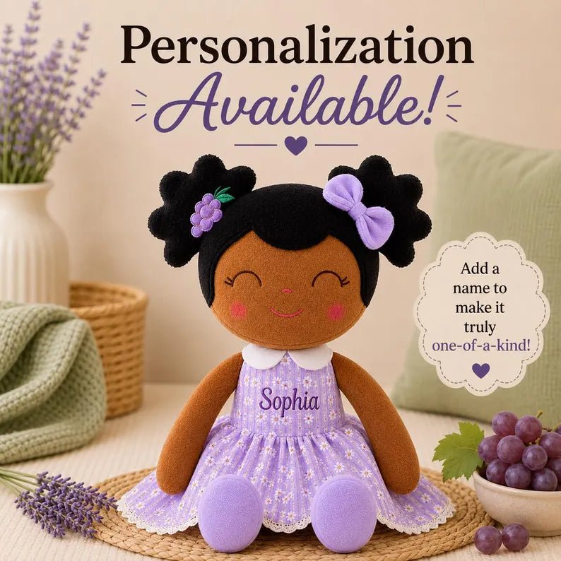 Personalized African American Plush Doll – Black Hair with a Lilac Dress - Tiny Tots Boutique