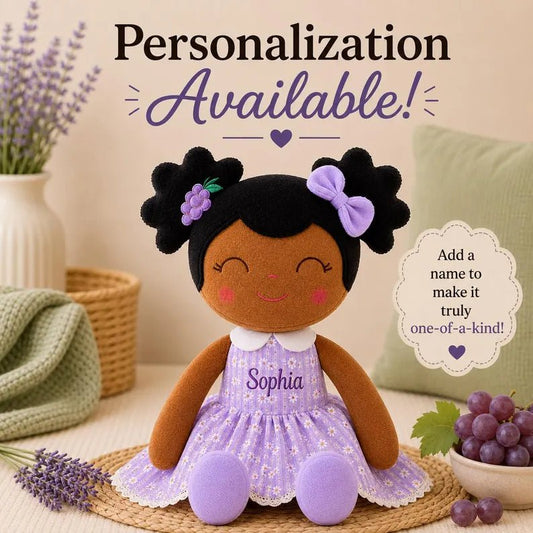 Personalized African American Plush Doll – Black Hair with a Lilac Dress - Tiny Tots Boutique