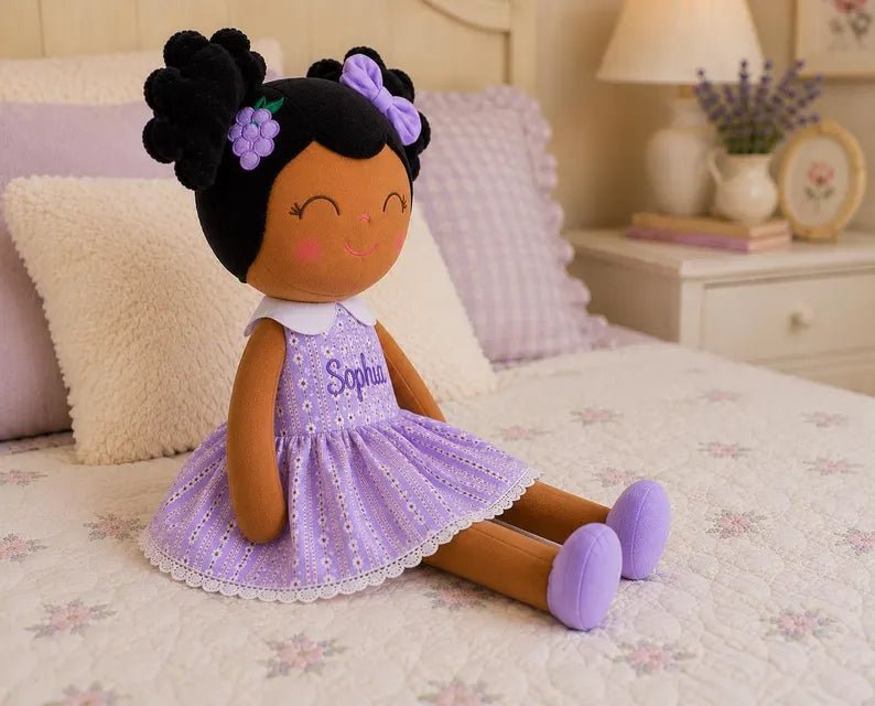 Personalized African American Plush Doll – Black Hair with a Lilac Dress - Tiny Tots Boutique