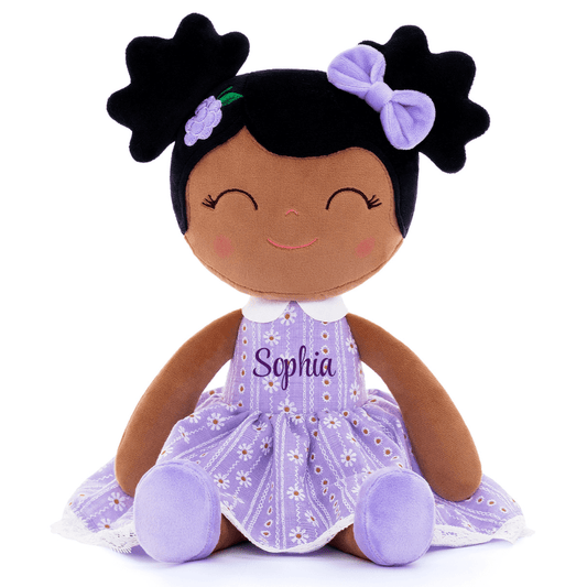 Personalized African American Plush Doll – Black Hair with a Lilac Dress - Tiny Tots Boutique