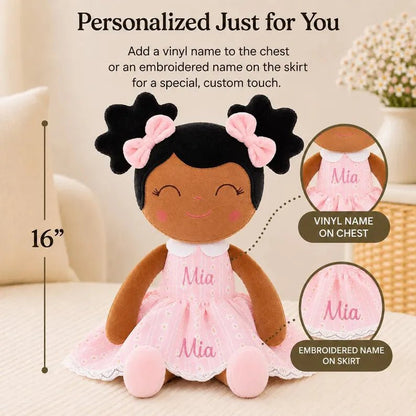 Personalized African American Plush Doll – Black Hair with a Pastel Pink Dress - Tiny Tots Boutique