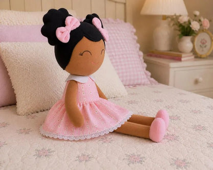 Personalized African American Plush Doll – Black Hair with a Pastel Pink Dress - Tiny Tots Boutique