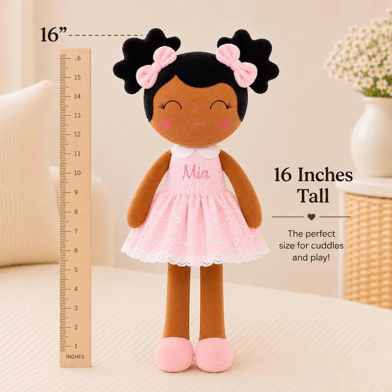 Personalized African American Plush Doll – Black Hair with a Pastel Pink Dress - Tiny Tots Boutique