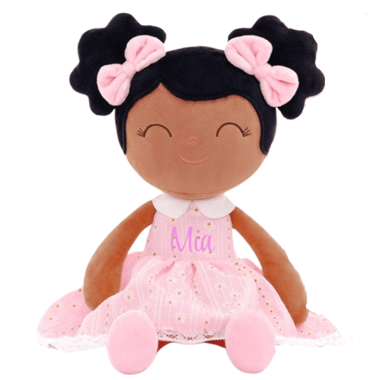 Personalized African American Plush Doll – Black Hair with a Pastel Pink Dress - Tiny Tots Boutique