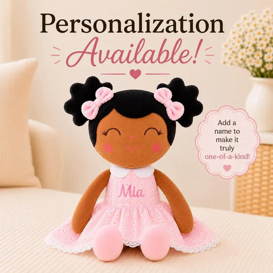 Personalized African American Plush Doll – Black Hair with a Pastel Pink Dress - Tiny Tots Boutique