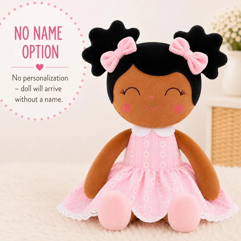 Personalized African American Plush Doll – Black Hair with a Pastel Pink Dress - Tiny Tots Boutique