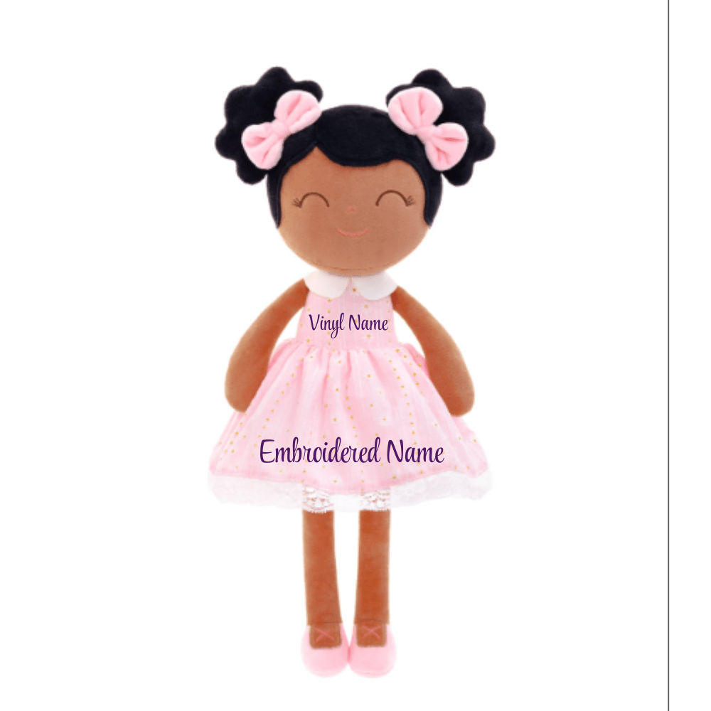 Personalized African American Plush Doll – Black Hair with a Pastel Pink Dress - Tiny Tots Boutique