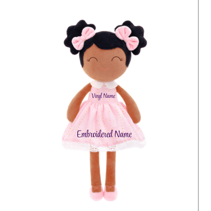 Personalized African American Plush Doll – Black Hair with a Pastel Pink Dress - Tiny Tots Boutique