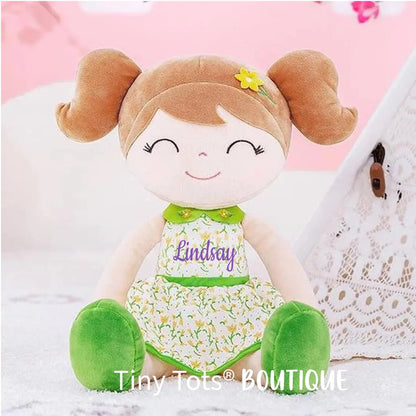 Personalized Fairy Plush Doll – Light Brown Hair with a Green Flower Dress - Tiny Tots Boutique
