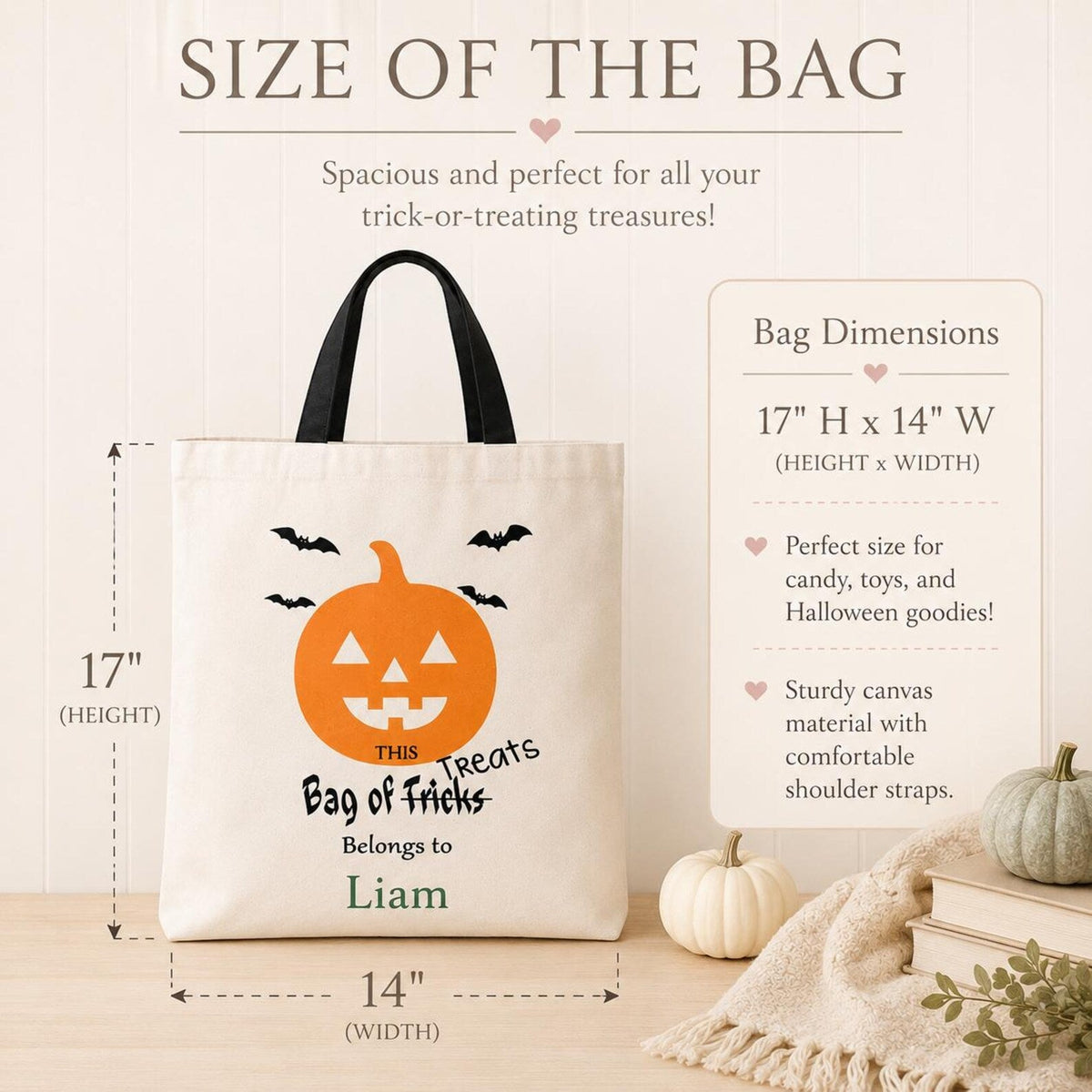 Personalized Halloween Bag – Custom Name Trick Or Treat Canvas Tote for Kids - Tiny Tots Boutique