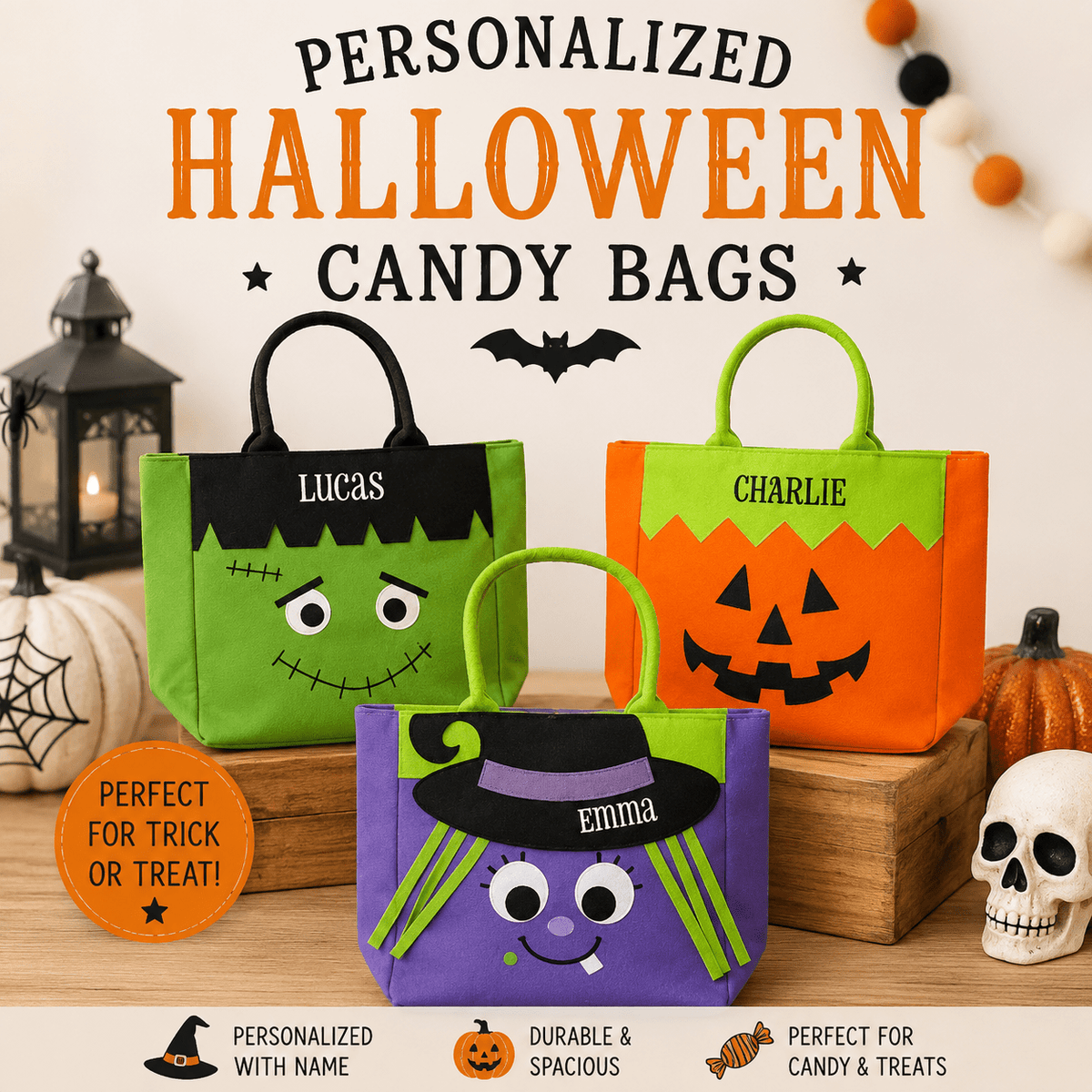 Personalized Halloween Tote - Reuseable Treat Bag for Kids - Tiny Tots Boutique