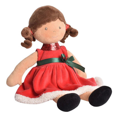Personalized Holiday Plush Doll – Red Sequin Velvet Dress - Brown Hair - Tiny Tots Boutique