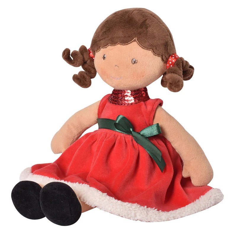 Personalized Holiday Plush Doll – Red Sequin Velvet Dress - Brown Hair - Tiny Tots Boutique