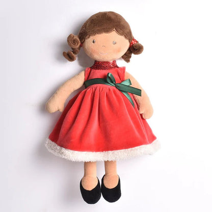 Personalized Holiday Plush Doll – Red Sequin Velvet Dress - Brown Hair - Tiny Tots Boutique