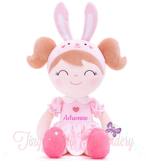 Personalized Plush Bunny Doll – Light Brown Hair with a Pink Dress - Tiny Tots Boutique