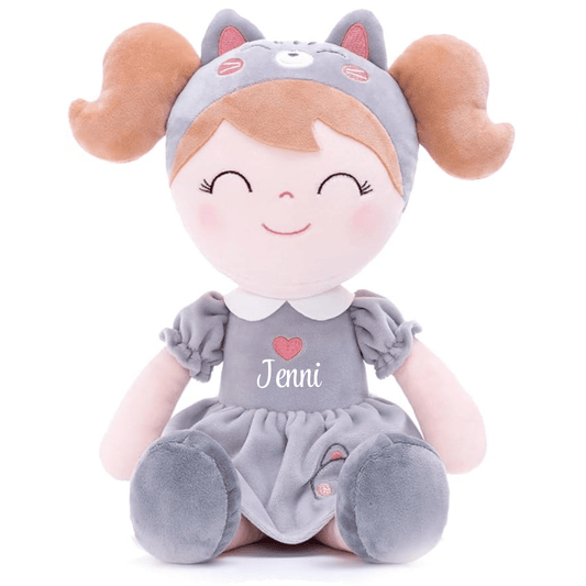 Personalized Plush Cat Doll – Light Brown Hair with a Cat Dress - Tiny Tots Boutique