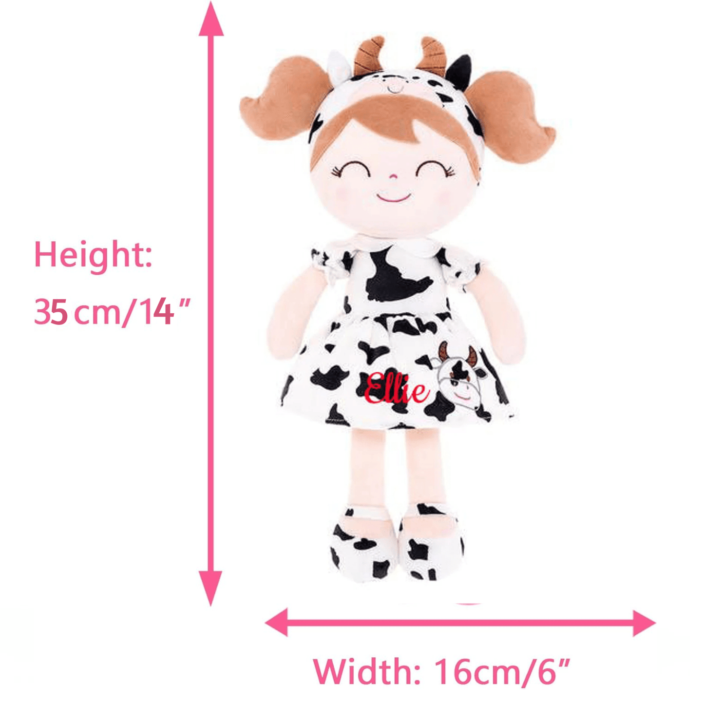 Personalized Plush Cow Doll – Light Brown Hair with a Cow Print Dress - Tiny Tots Boutique