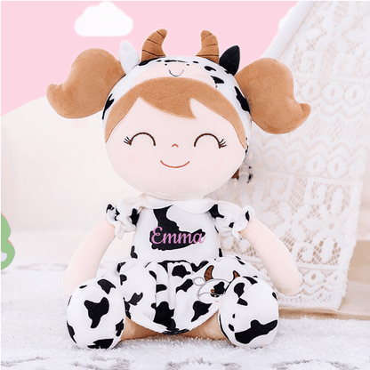 Personalized Plush Cow Doll – Light Brown Hair with a Cow Print Dress - Tiny Tots Boutique
