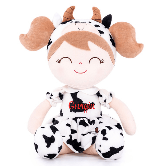Personalized Plush Cow Doll – Light Brown Hair with a Cow Print Dress - Tiny Tots Boutique