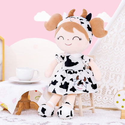 Personalized Plush Cow Doll – Light Brown Hair with a Cow Print Dress - Tiny Tots Boutique