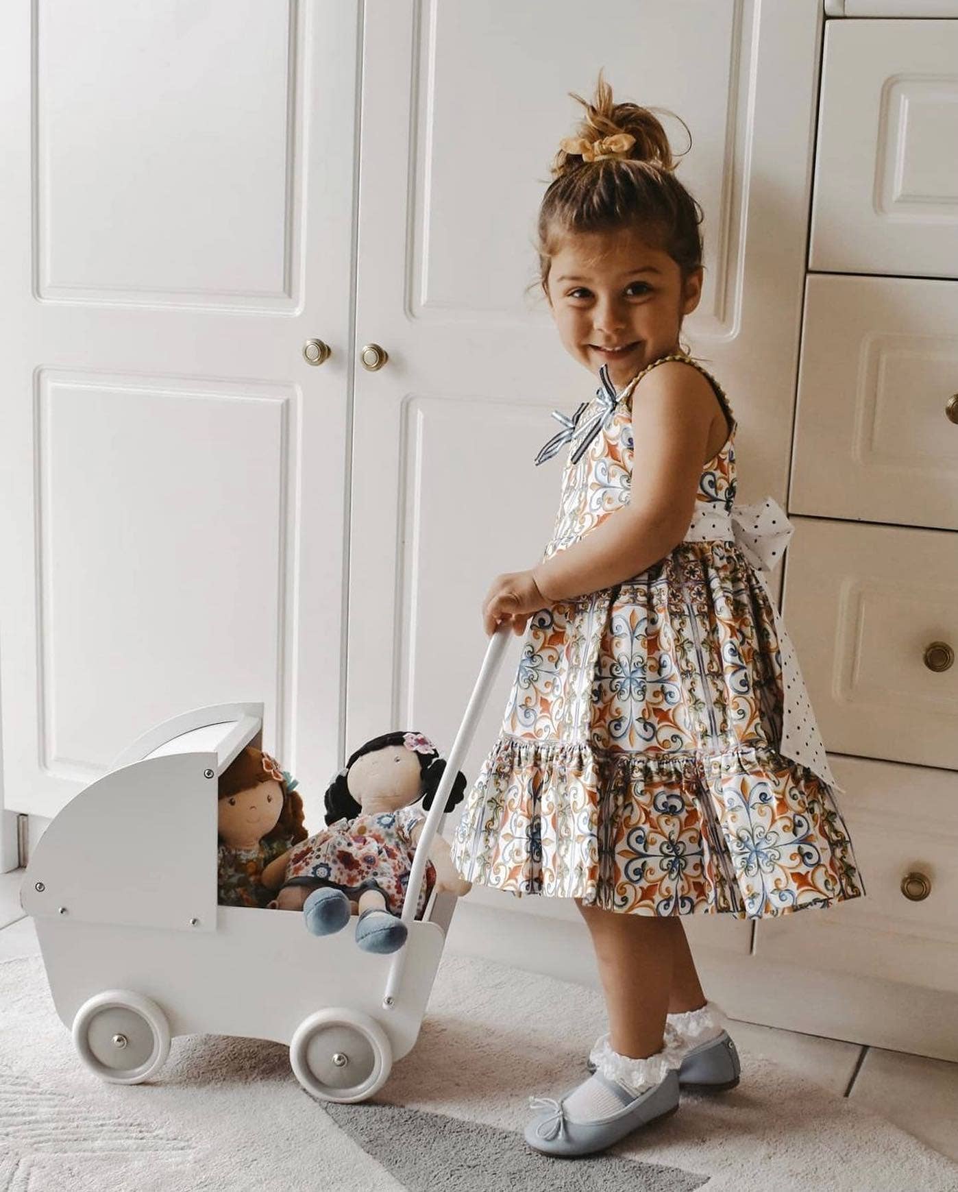 Personalized Plush Doll - Black Hair with Blue Floral Dress - Lilac - Tiny Tots Boutique