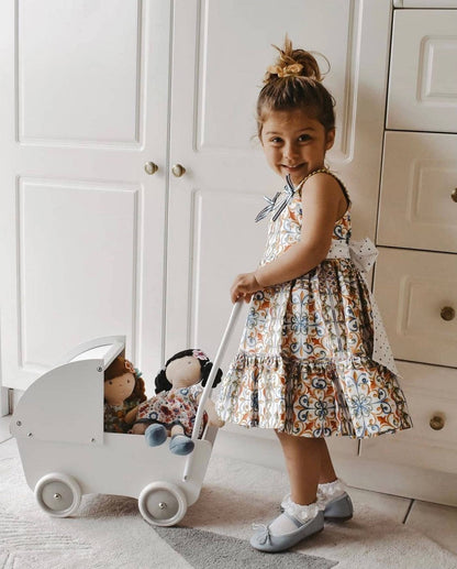 Personalized Plush Doll - Black Hair with Blue Floral Dress - Lilac - Tiny Tots Boutique