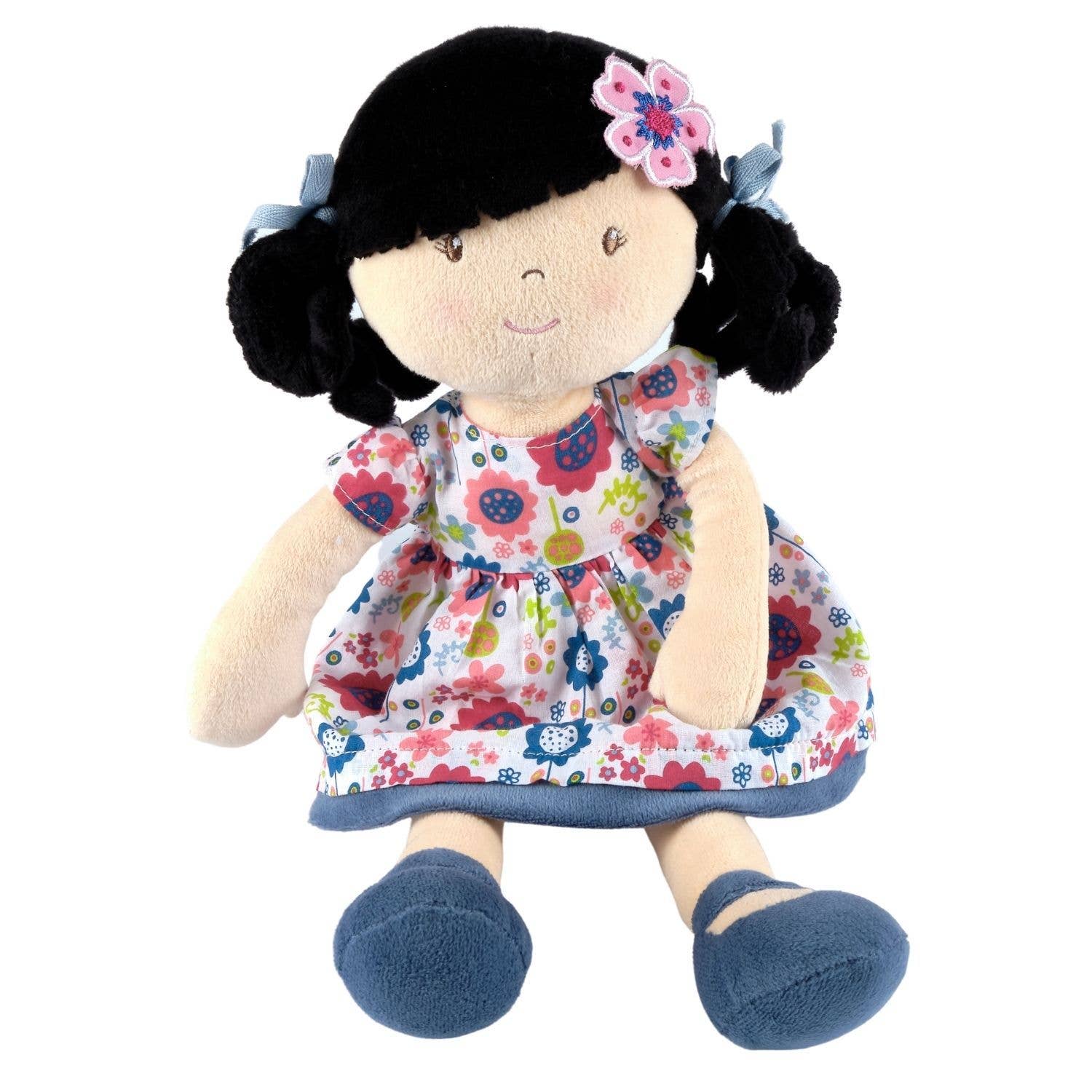 Personalized Plush Doll - Black Hair with Blue Floral Dress - Lilac - Tiny Tots Boutique