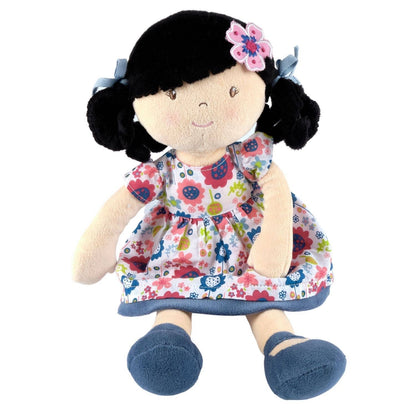 Personalized Plush Doll - Black Hair with Blue Floral Dress - Lilac - Tiny Tots Boutique