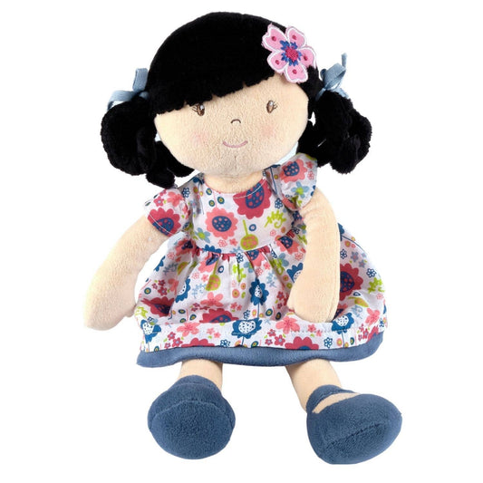 Personalized Plush Doll - Black Hair with Blue Floral Dress - Lilac - Tiny Tots Boutique