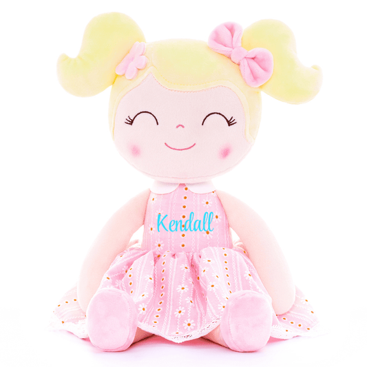 Personalized Plush Doll – Blonde Hair with a Pastel Pink Dress - Tiny Tots Boutique