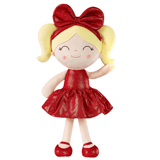 Personalized Plush Doll – Blonde Hair with a Red Glitter Dress - Tiny Tots Boutique