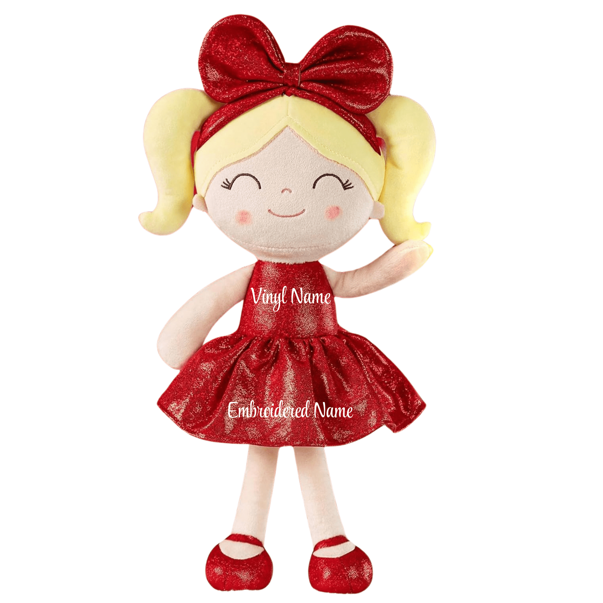Personalized Plush Doll – Blonde Hair with a Red Glitter Dress - Tiny Tots Boutique