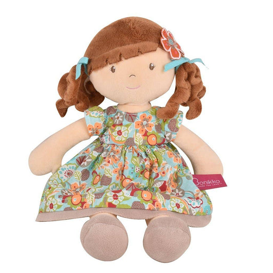 Personalized Plush Doll - Brunette Hair with Orange Floral Dress - Summer - Tiny Tots Boutique