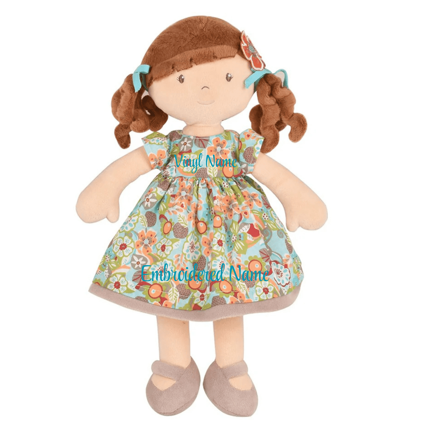 Personalized Plush Doll - Brunette Hair with Orange Floral Dress - Summer - Tiny Tots Boutique