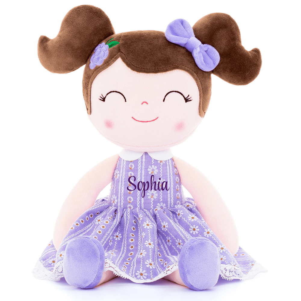 Personalized Plush Doll – Dark Brown Hair with a Lilac Dress - Tiny Tots Boutique