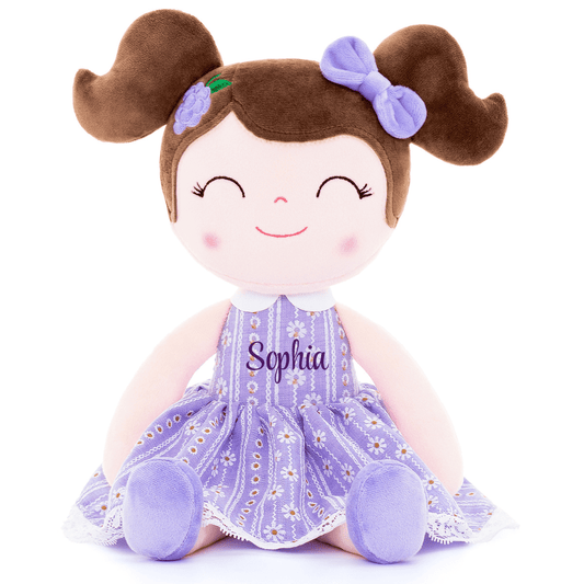 Personalized Plush Doll – Dark Brown Hair with a Lilac Dress - Tiny Tots Boutique