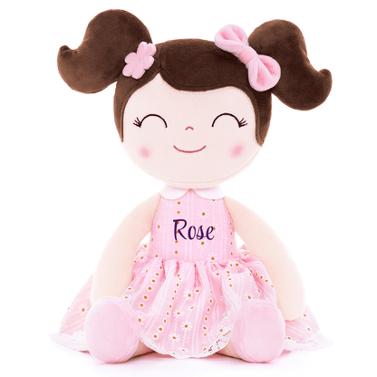 Personalized Plush Doll – Dark Brown Hair with a Pastel Pink Dress - Tiny Tots Boutique
