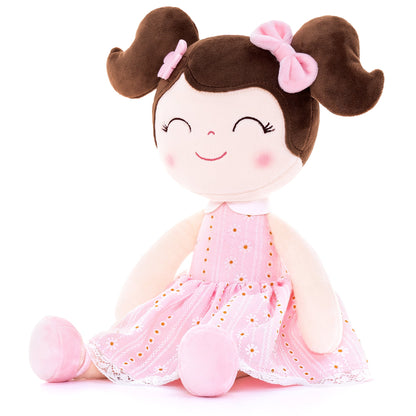 Personalized Plush Doll – Dark Brown Hair with a Pastel Pink Dress - Tiny Tots Boutique