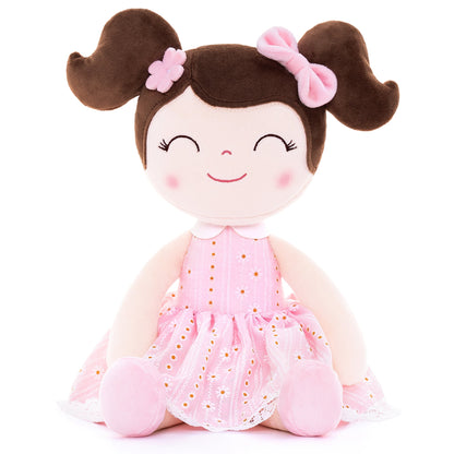Personalized Plush Doll – Dark Brown Hair with a Pastel Pink Dress - Tiny Tots Boutique