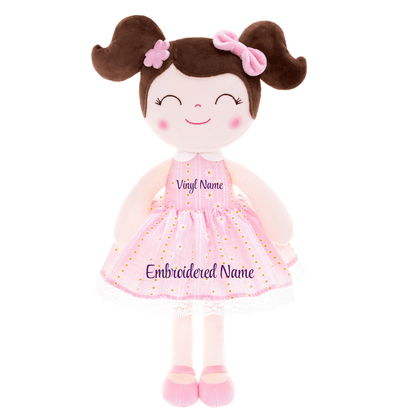 Personalized Plush Doll – Dark Brown Hair with a Pastel Pink Dress - Tiny Tots Boutique
