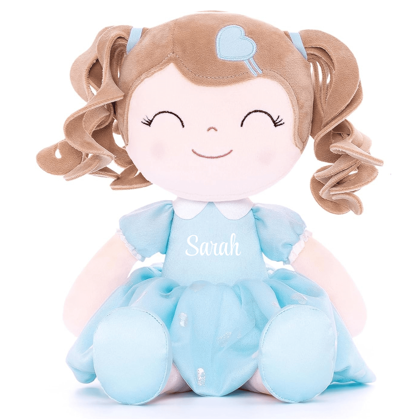 Personalized Plush Doll – Light Brown Curly Hair with a Blue Dress - Tiny Tots Boutique