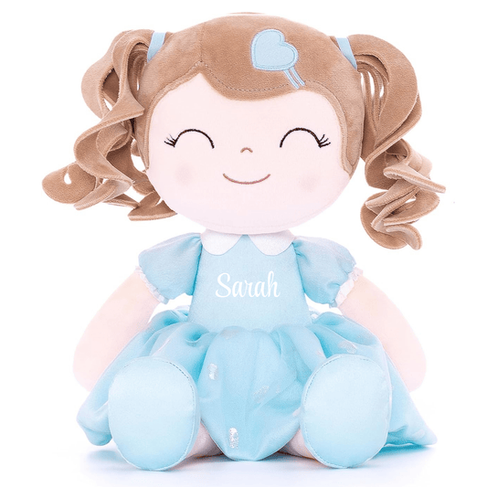 Personalized Plush Doll – Light Brown Curly Hair with a Blue Dress - Tiny Tots Boutique