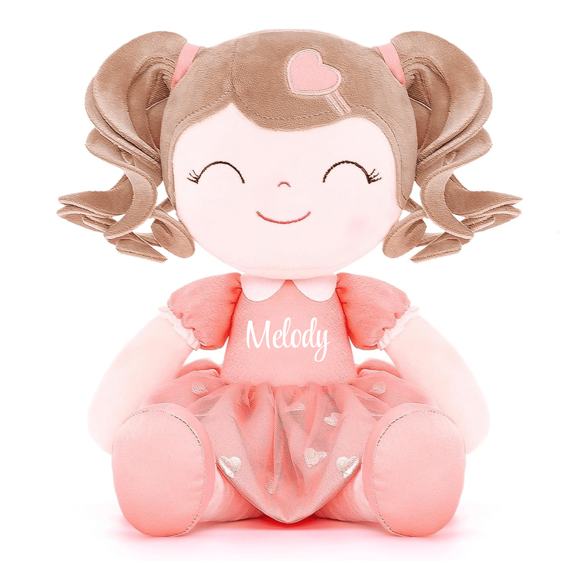 Personalized Plush Doll – Light Brown Curly Hair with a Coral Dress - Tiny Tots Boutique