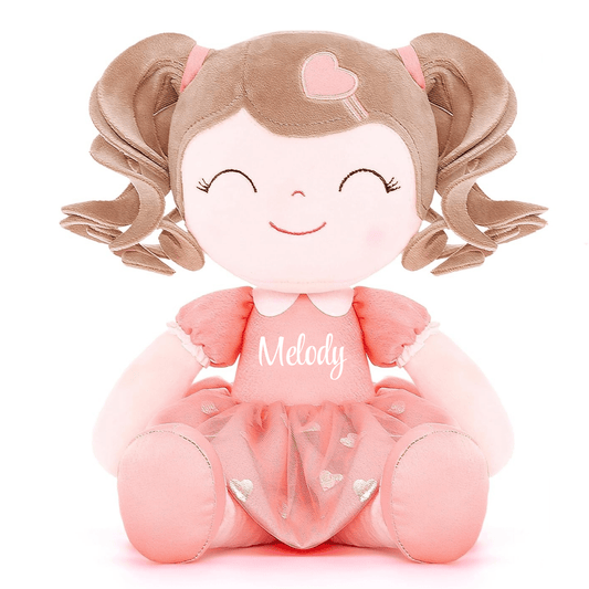 Personalized Plush Doll – Light Brown Curly Hair with a Coral Dress - Tiny Tots Boutique