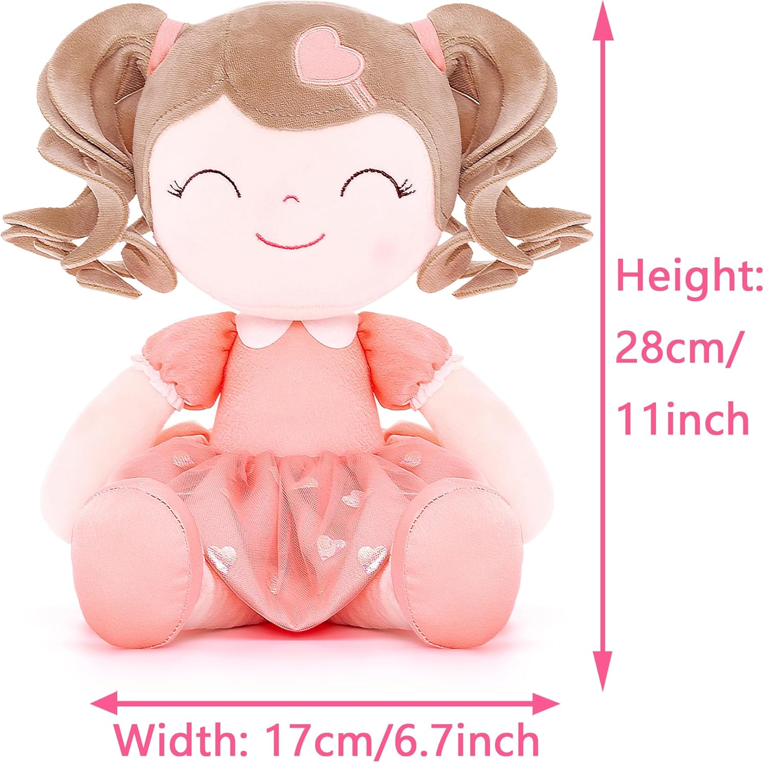 Personalized Plush Doll – Light Brown Curly Hair with a Coral Dress - Tiny Tots Boutique