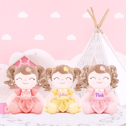 Personalized Plush Doll – Light Brown Curly Hair with a Pink Dress - Tiny Tots Boutique