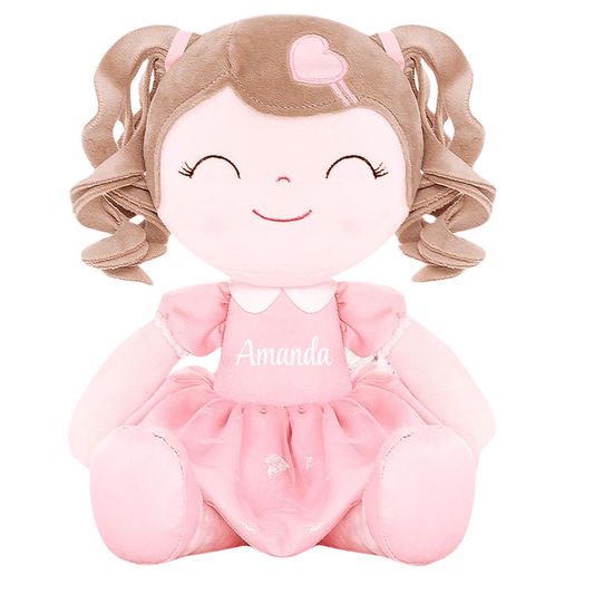 Personalized Plush Doll – Light Brown Curly Hair with a Pink Dress - Tiny Tots Boutique