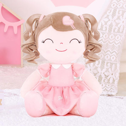 Personalized Plush Doll – Light Brown Curly Hair with a Pink Dress - Tiny Tots Boutique