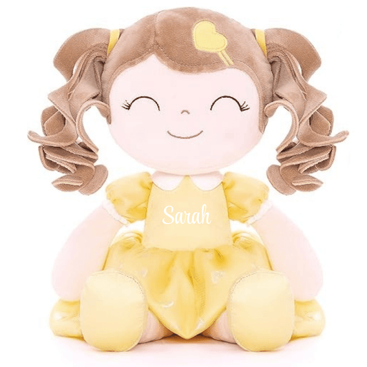 Personalized Plush Doll – Light Brown Curly Hair with a Yellow Dress - Tiny Tots Boutique