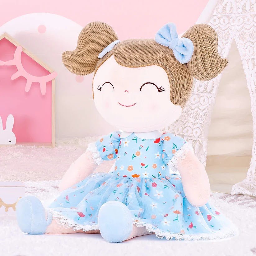 Personalized Plush Doll – Light Brown Hair with a Blue Floral Dress - Tiny Tots Boutique